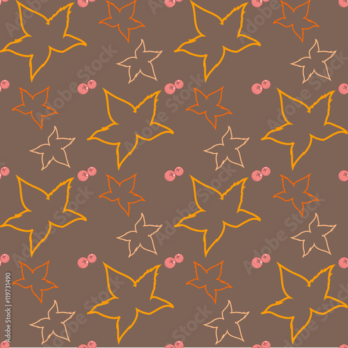 autumn seamless pattern with silhouettes of leaves and berries of a cowberry on a warm brown background