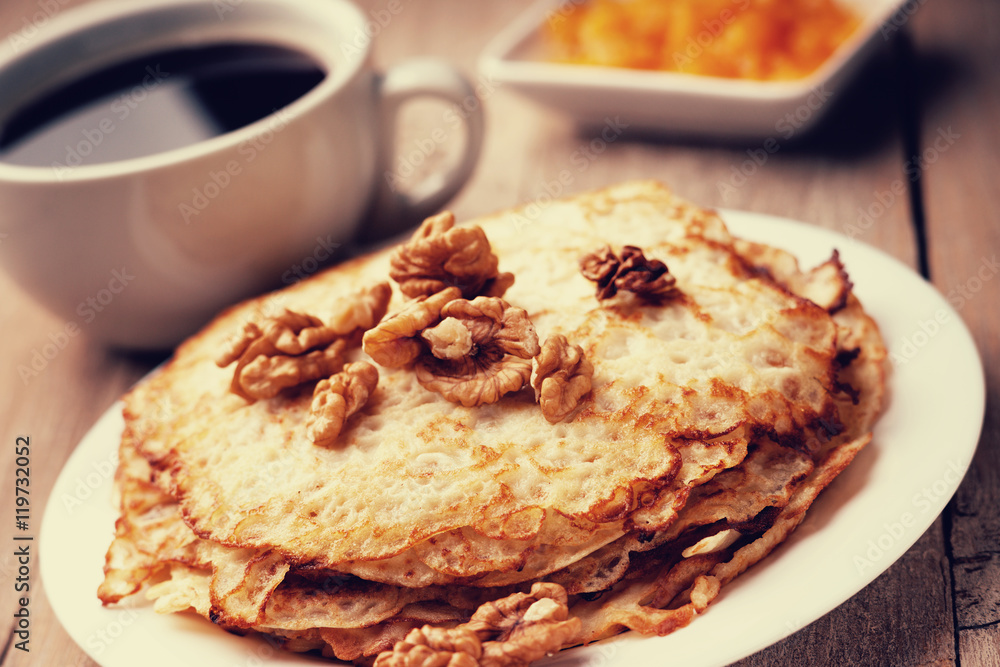 Pancakes, walnuts, jam and coffee Pancakes, walnuts, jam and coffee