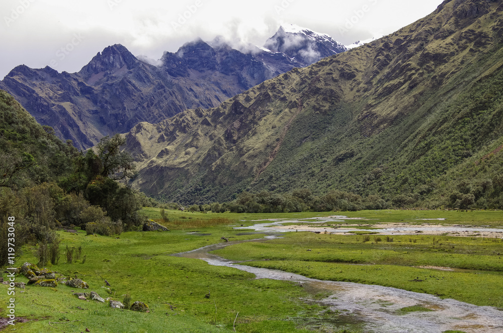 Mountain valley and river. Huascaran National Park, Cordillera Blanca - Santa Cruz Circuit Trekking. Peru