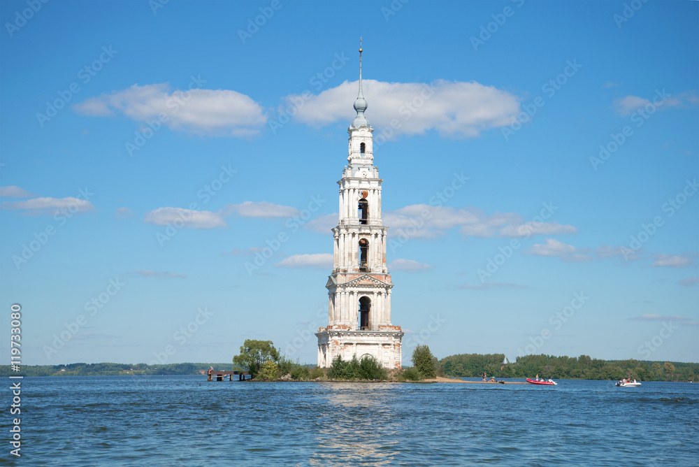 View of the flooded historic bell tower of St. Nicholas Cathedral in the Uglich reservoir. Kalyazin