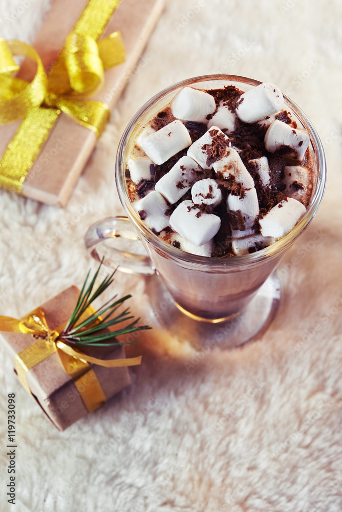 xmas gift box and cacao with marshmallow xmas gift box and cacao with marshmallow