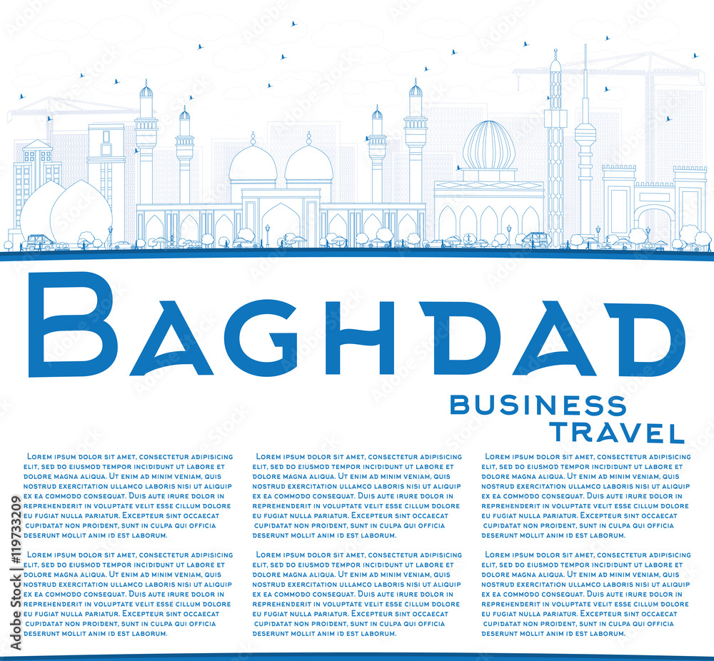 Outline Baghdad Skyline with Blue Buildings and Copy Space.