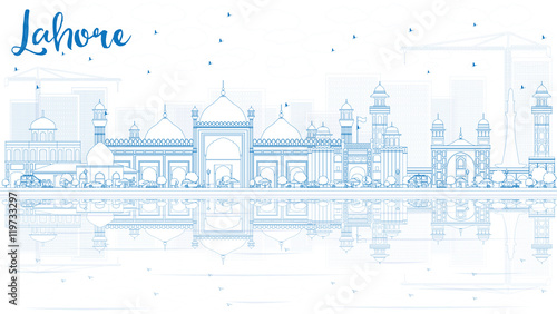 Outline Lahore Skyline with Blue Landmarks and Reflections.