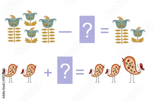 Educational game for children. Cartoon illustration of mathematical addition and subtraction. Vector image.  Examples with cute colorful flowers and birds.