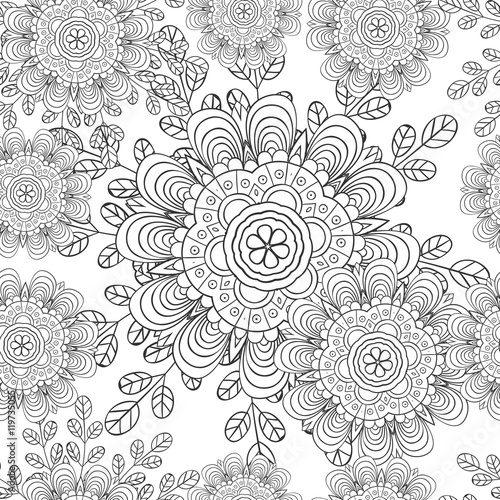 Vector flower pattern. Black and white seamless botanic texture, detailed flowers illustrations. Doodle style, spring floral background.