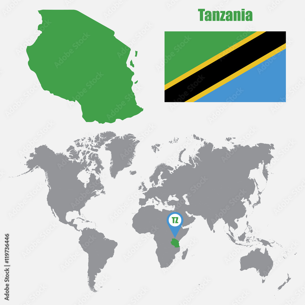 Tanzania map on a world map with flag and map pointer. Vector illustration