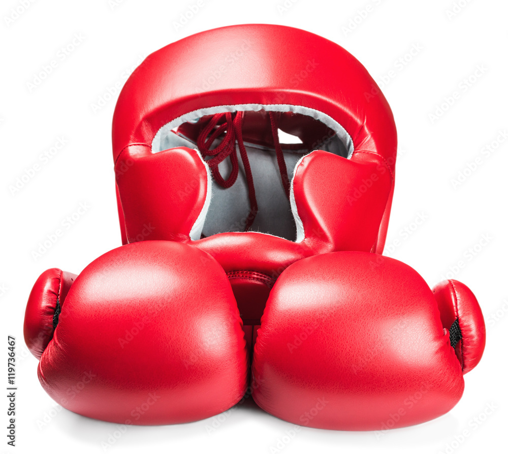 Boxing helmet and red gloves 