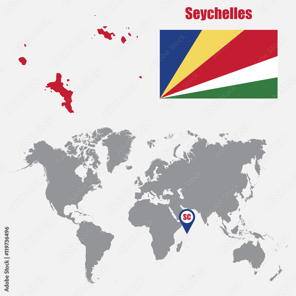 Obraz premium Seychelles map on a world map with flag and map pointer. Vector illustration