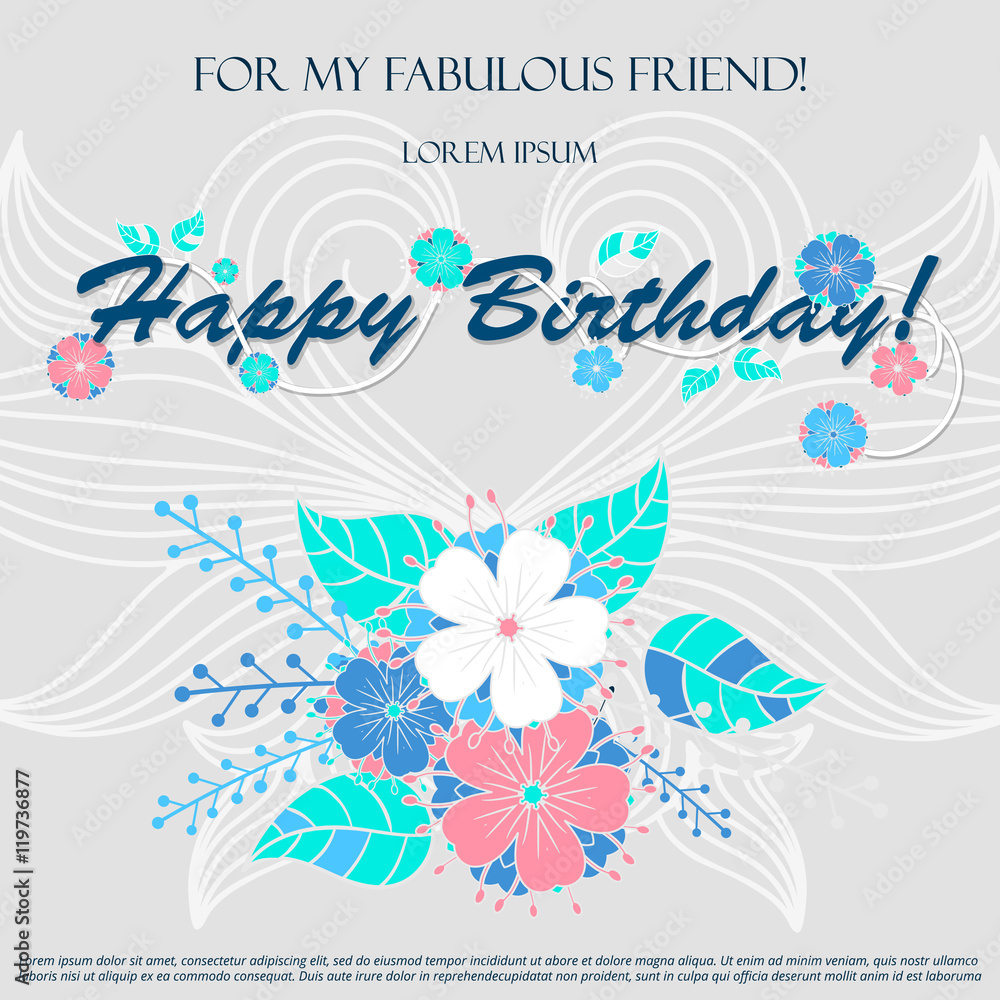 Template greeting card. happy Birthday, made of flowers ,herbs, leaves Doodle Template greeting card. happy Birthday, made of flowers ,herbs, leaves Doodle