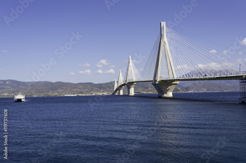 Cable-stayed suspension bridge crossing Corinth Gulf strait, Greece photo