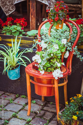 Old wooden chair on the pavement flowerpots decorated with white and red flowers