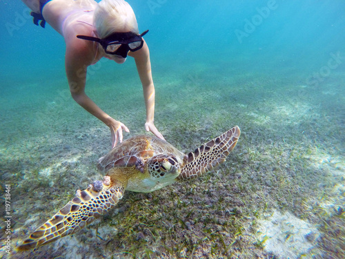 girl swimming with Mexican Sea Turtle underwater photo