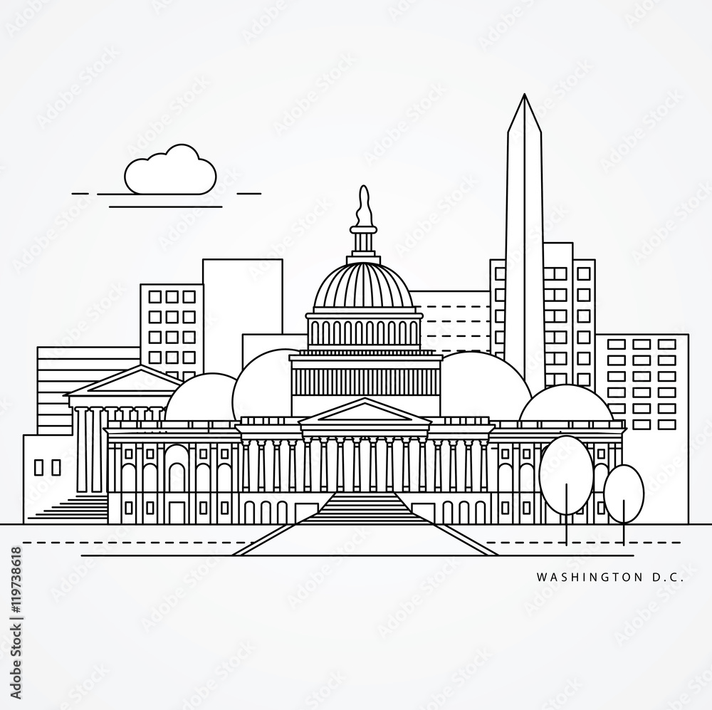 Linear illustration of Washinton DC, US Flat one line style. Greatest landmark - Capitol