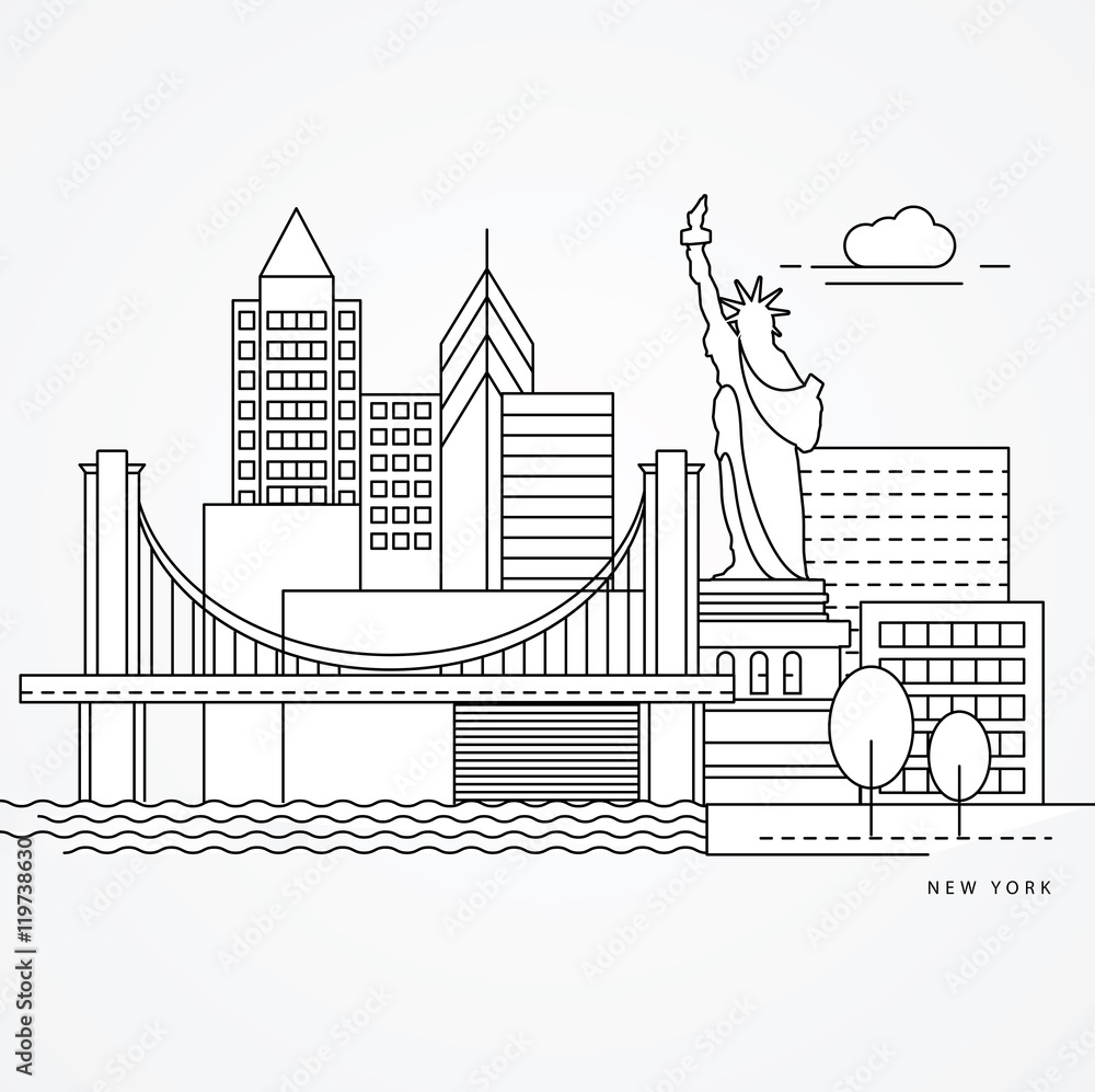 Linear illustration of New York, US Flat one line style. Greatest landmark - Statue of Liberty