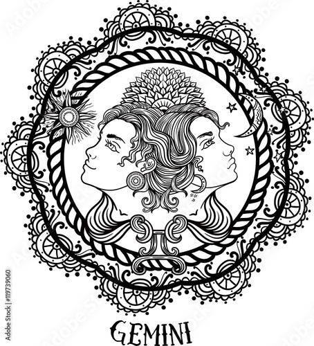 Hand drawn line art of zodiac gemini. Vector