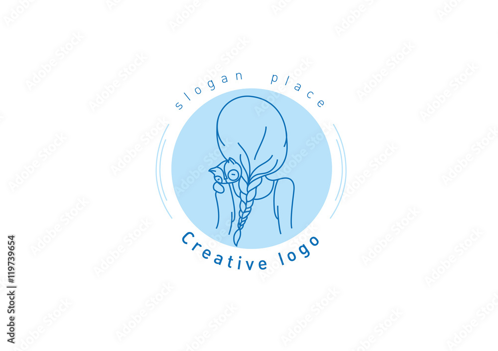 Abstract logo, a young girl with scythe on his shoulder kitten Abstract logo, a young girl with scythe on his shoulder kitten