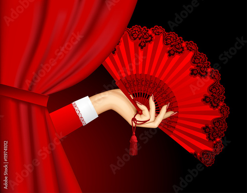 Female hand with open vintage red fan isolated on white