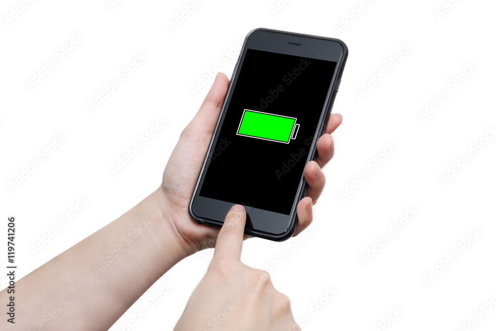 hand using smart phone with full battery sign hand using smart phone with full battery sign