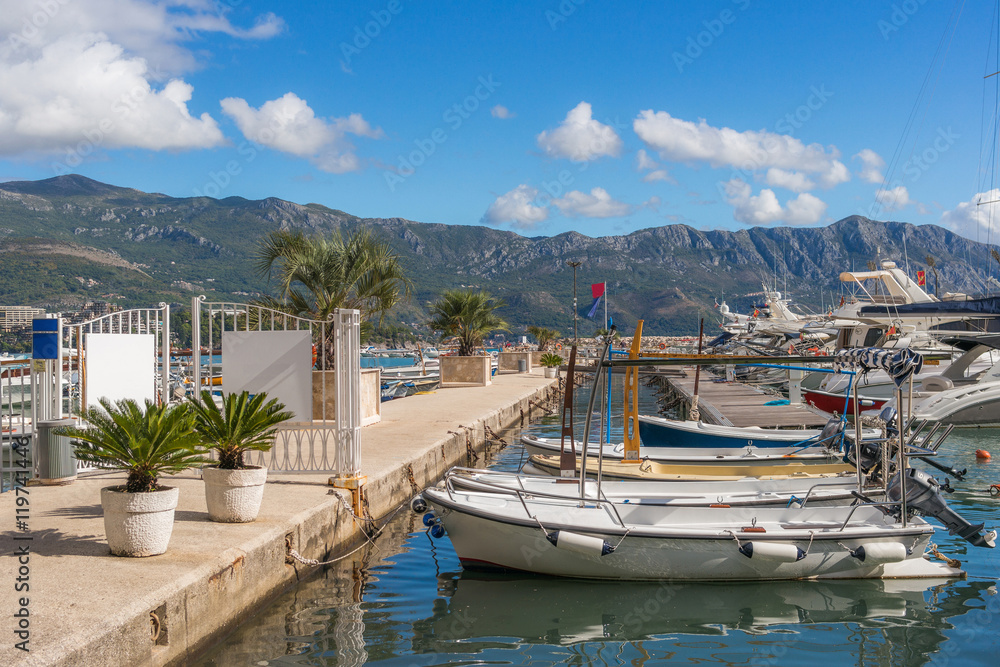 Dock for boats and yachts in Budva, Montenegro