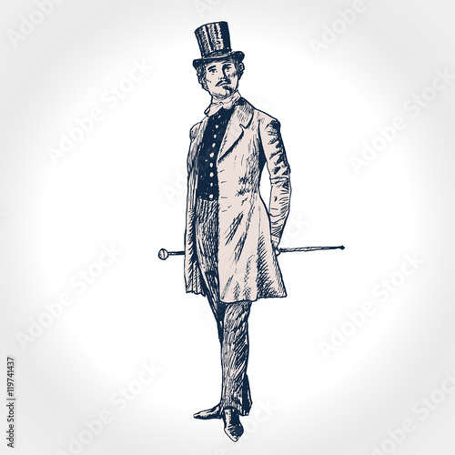 Elegant proud man of the nineteenth century. The gentleman in a frock coat and a top hat, holds a cane in hand. Hand drawn vector illustration in vintage engraved style photo