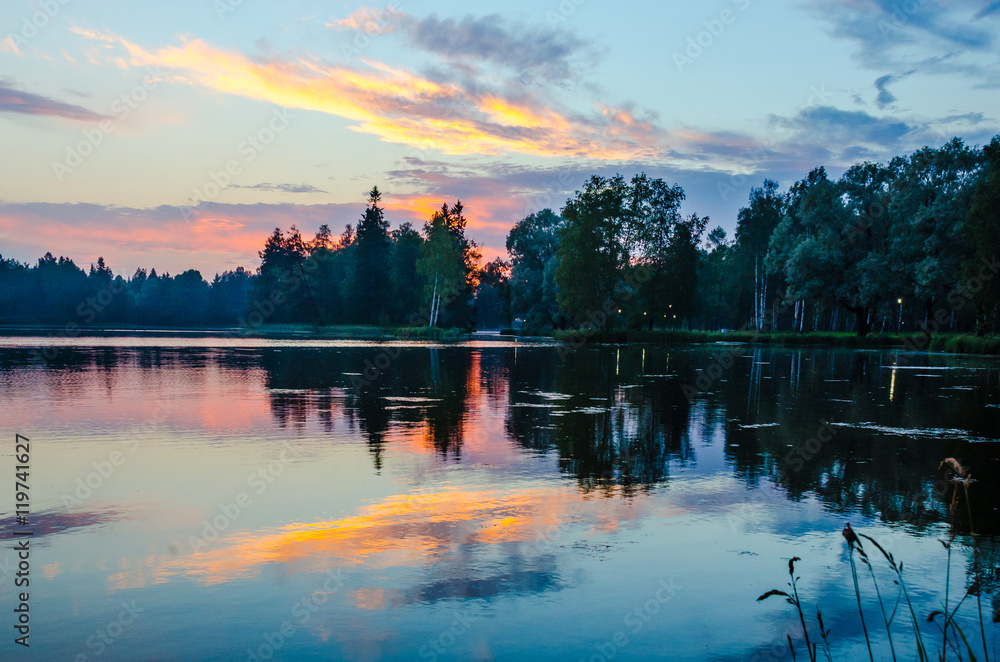 Sunset over the lake at the Gatchina Palace Park