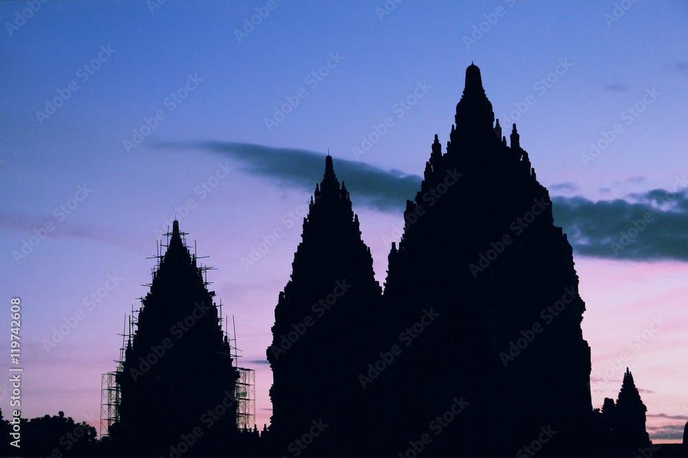 Silhouette of Prambanan Temple on sunset