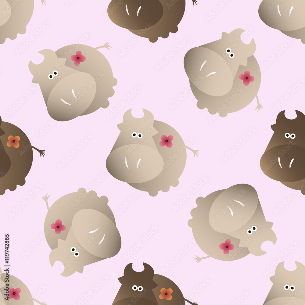 baby seamless pattern with a funny cute farm cows, on a light pink background