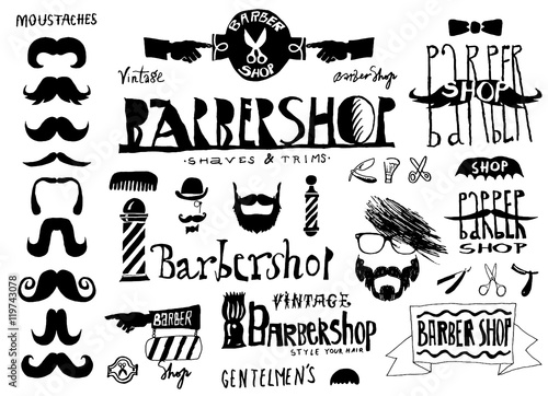Set of vintage Barbershop (hair salon) logo, labels, badges, street signs and design element. Hand drawn collection vector