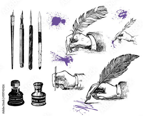 Vintage hand drawn hands writing with a feather pen. Vector set, engraving style. Inkwells, writing instruments and ink blots