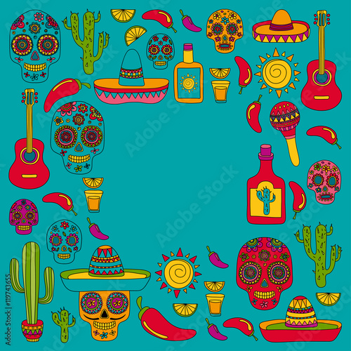 Fototapeta Naklejka Na Ścianę i Meble -  Vector doodle icons Mexican party Hello How are you Food Drinks