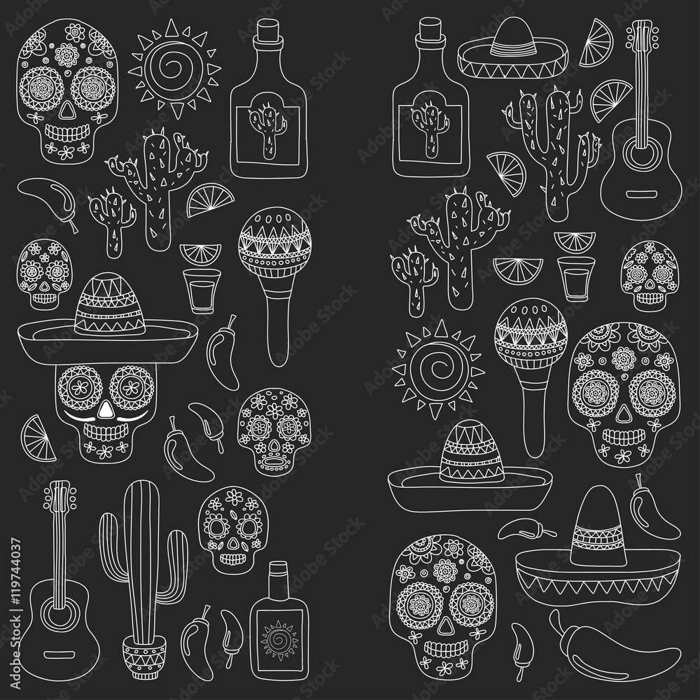Day of the dead Mexico Vector set doodle icons Mexican party Blackboard background. Hello! How are you? Food and drinks.