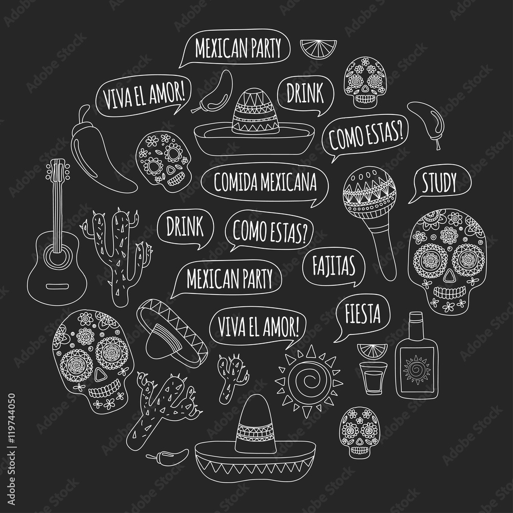 Day of the dead Mexico Vector set doodle icons Mexican party Blackboard background. Hello! How are you? Food and drinks.