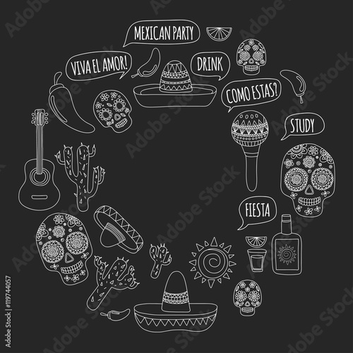 Day of the dead Mexico Vector set doodle icons Mexican party Blackboard background. Hello! How are you? Food and drinks.