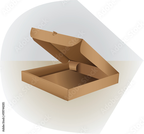 Box for packing made of cardboard. Realistic 3D isometric cardboard box pizza. Open, side and top. Flat style vector illustration, isolated on light background.