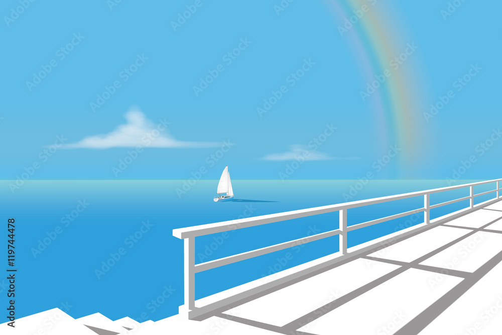 Sailing boat on the sea with rainbow