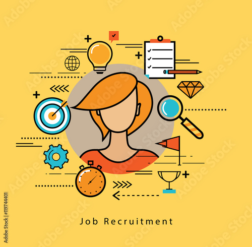 Line flat business design and infographic elements for job candidate evaluation and interview, assessment and recruiting, resources management and hiring, career and employment concept 