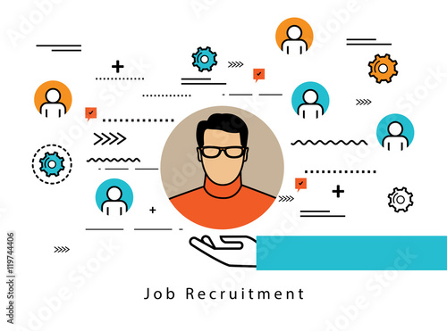 Line flat business design and infographic elements for job candidate evaluation and interview, assessment and recruiting, resources management and hiring, career and employment concept 