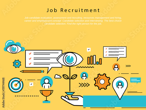 Line flat business design and infographic elements for job candidate evaluation and interview, assessment and recruiting, resources management and hiring, career and employment concept 