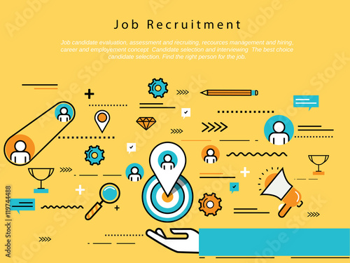 Line flat business design and infographic elements for job candidate evaluation and interview, assessment and recruiting, resources management and hiring, career and employment concept 