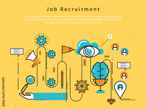 Line flat business design and infographic elements for job candidate evaluation and interview, assessment and recruiting, resources management and hiring, career and employment concept 