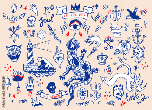 Big vector set of hand drawn old school tattoo. Cartoon tattoo elements