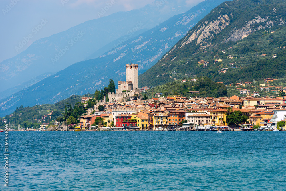 The ancient small town of Malcesine on the Garda Lake coast. Veneto, Italy, Europe
