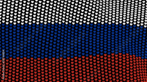 Russia flag is waving in the wind, consisting of hearts, on a black background.