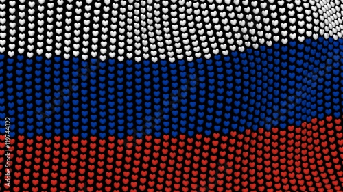 Russian flag is waving in the wind, consisting of hearts.