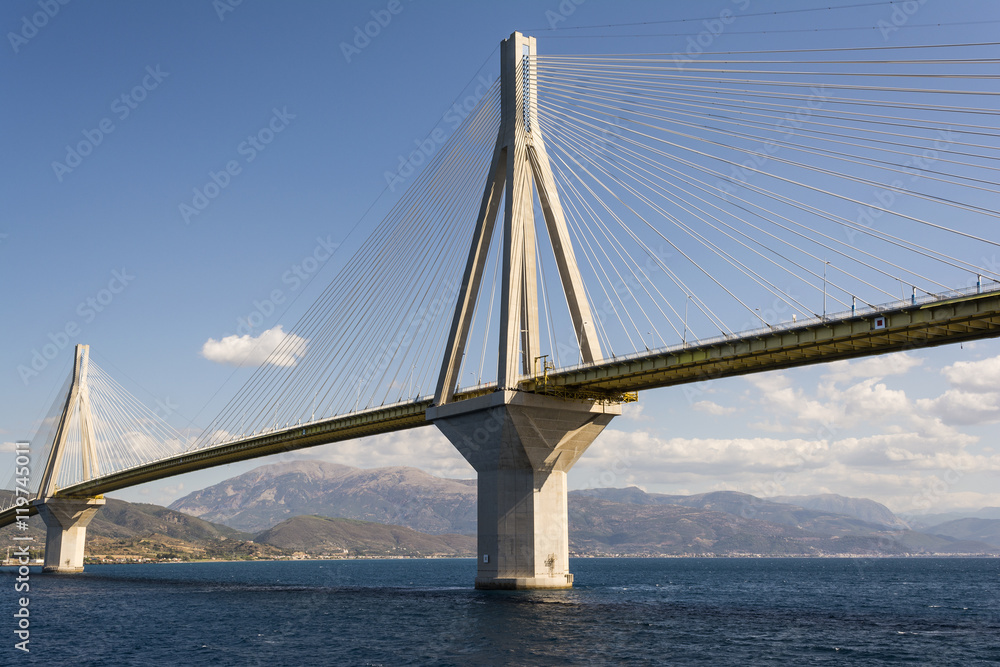 Cable-stayed suspension bridge crossing Corinth Gulf strait, Greece