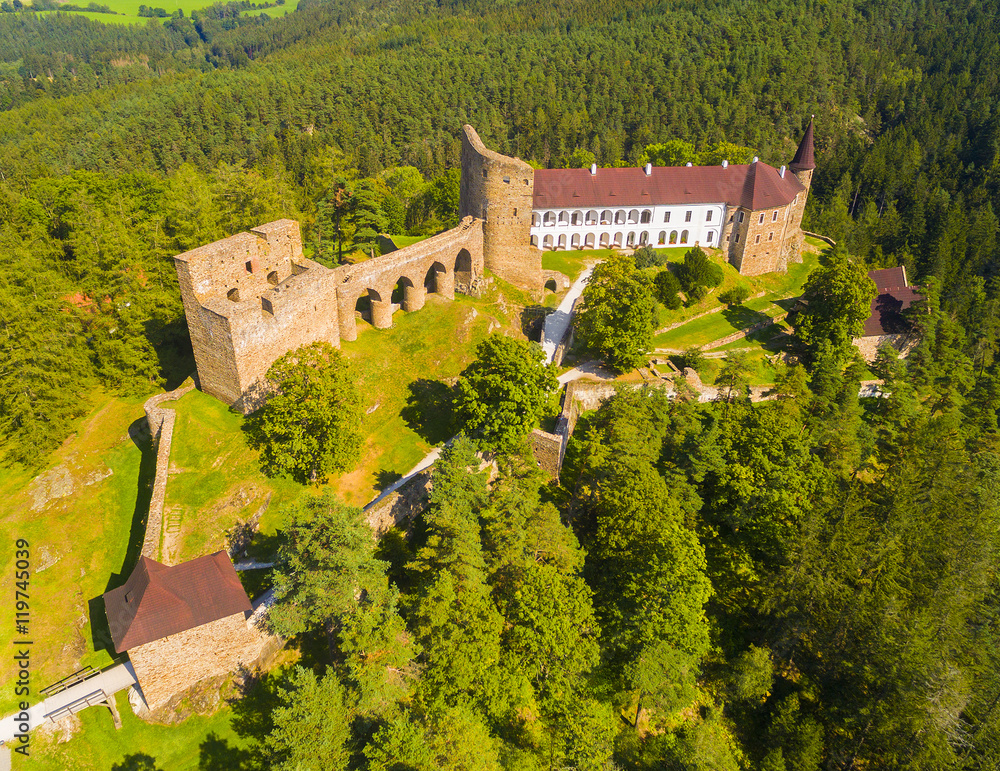 Gothic castle Velhartice in National Park Sumava. Aerial view to medieval monument in Czech Republic. European landmarks from above. 