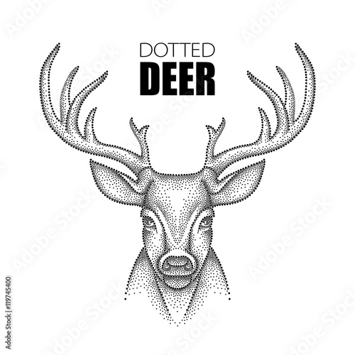 Vector illustration with dotted head deer with antlers in black isolated on white background. Animal in dotwork or pointillism style. Design for tattoo with stylized silhouette of deer.