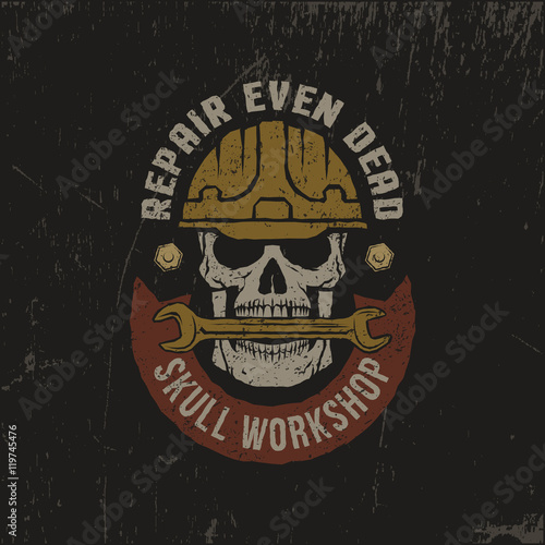 Repair workshop logo in a grunge style. Skull in helmet with wrench and banner. Textures on separate layers - easily editable.