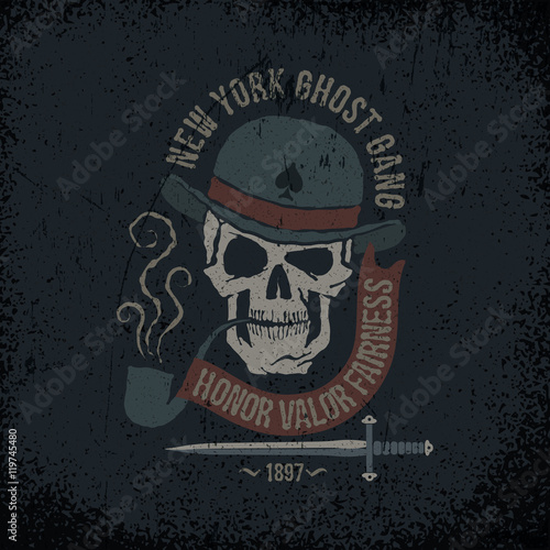 Gangster grunge logo with a skull in a bowler hat, with a pipe, dagger and banner. Textures on separate layers - easily editable.