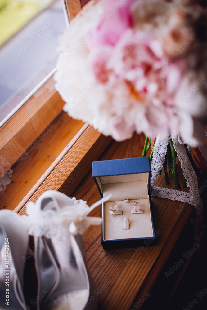 composition of wedding accessories bride. Bride's morning. Wedding accessories